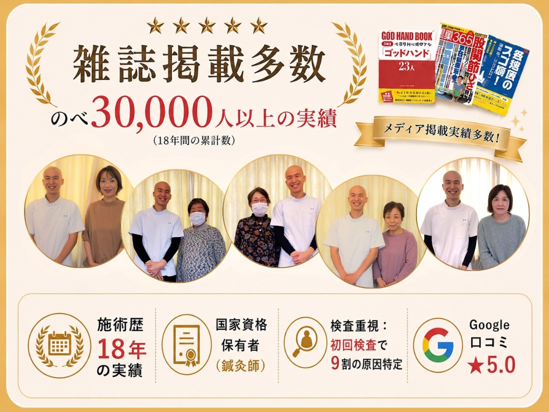 実績(施術歴18年、延べ3万人の実績、鍼灸師の国家資格保有、Google口コミ5.0、検査重視)