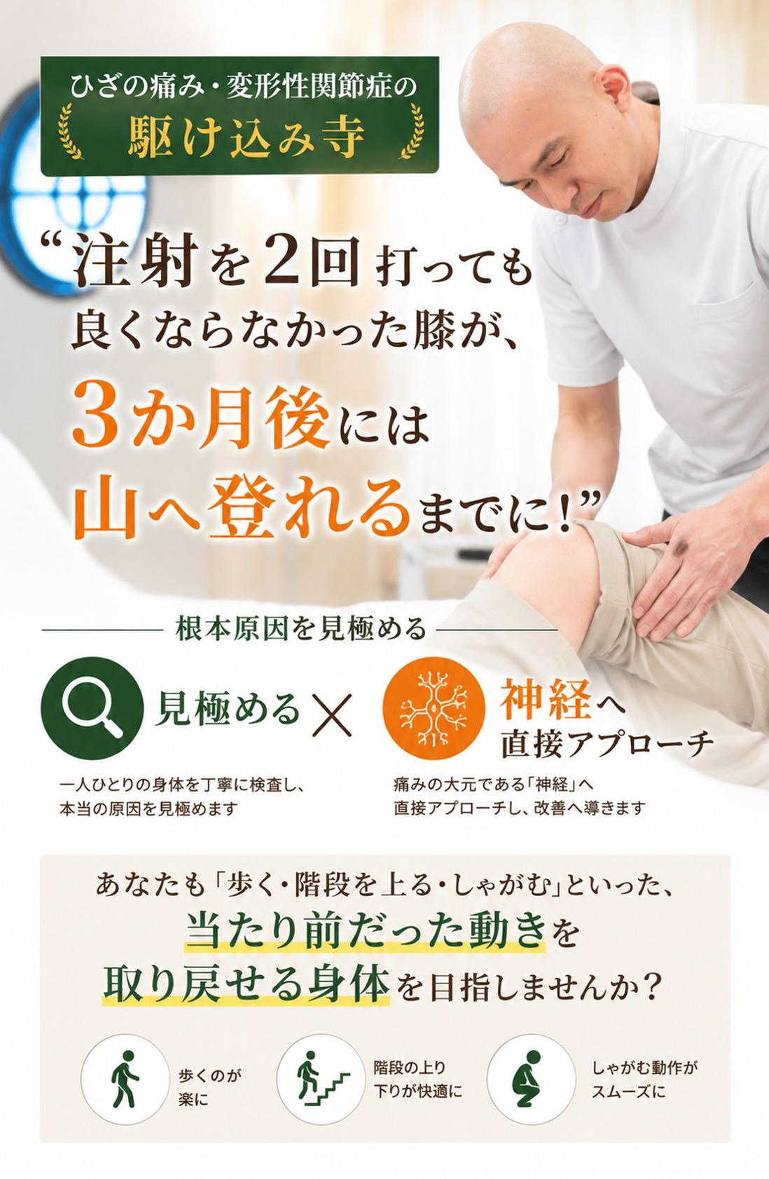 ひざの痛み・変形性関節症の根本原因を見極め、改善へと導く治療法