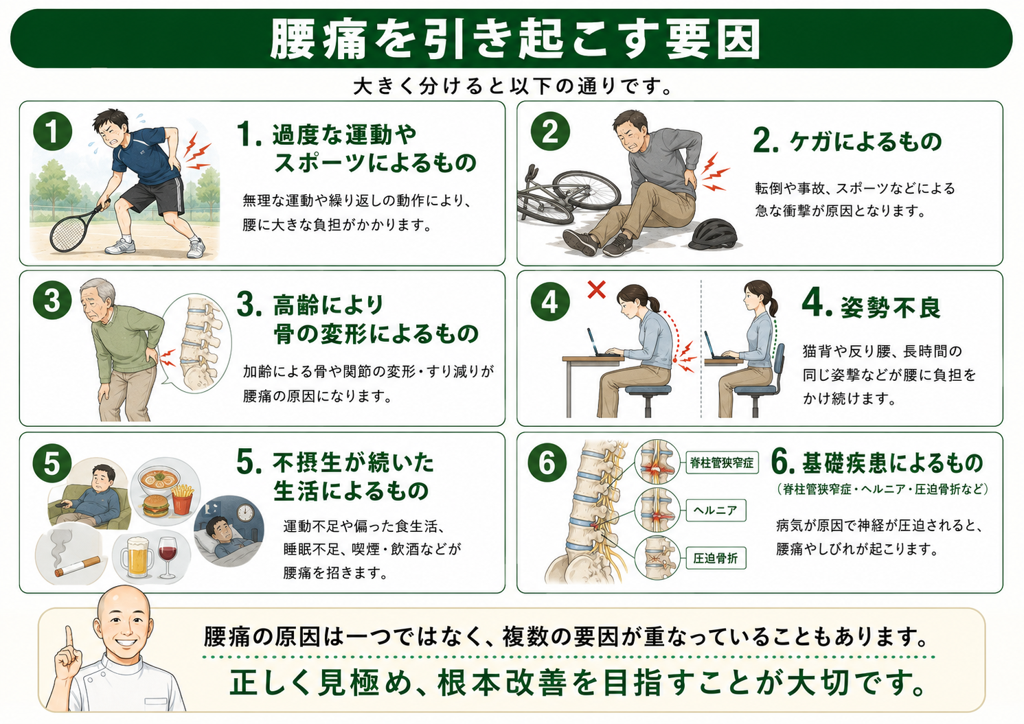 腰痛の原因を解説した画像（❶過度な運動やスポーツによるもの❷ケガによるもの❸高齢により骨の変形によるもの❹姿勢不良❺不摂生が続いた生活によるもの❻基礎疾患によるもの（脊柱管狭窄症・ヘルニア・圧迫骨折など）