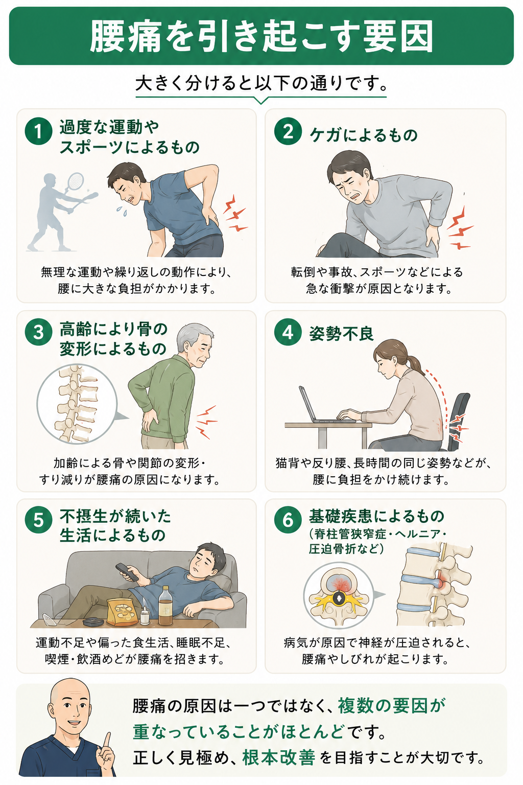 腰痛の原因を解説した画像（❶過度な運動やスポーツによるもの❷ケガによるもの❸高齢により骨の変形によるもの❹姿勢不良❺不摂生が続いた生活によるもの❻基礎疾患によるもの（脊柱管狭窄症・ヘルニア・圧迫骨折など）