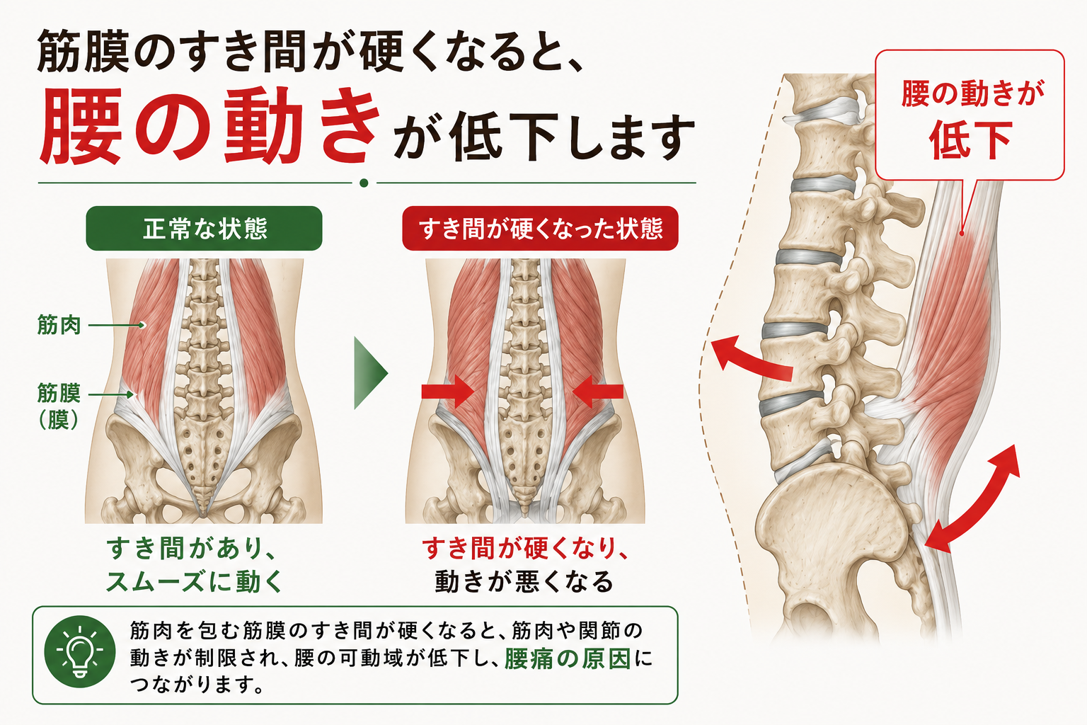 筋膜が硬くなると腰痛を引き起こす仕組みの解説画像